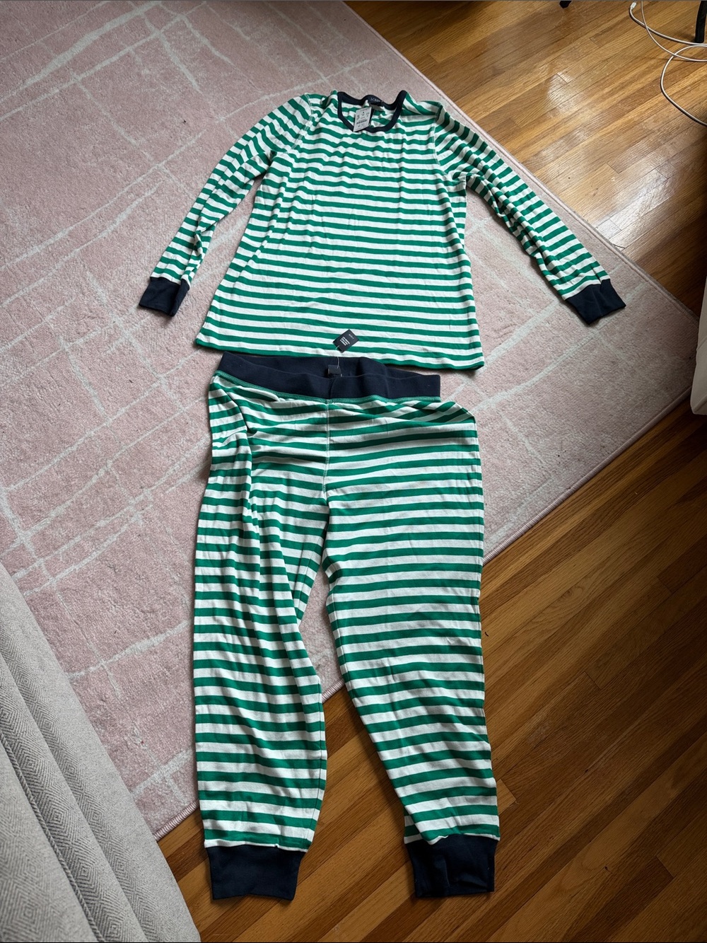 J. Crew Green & White Striped Long-Sleeve Pajama Set with Navy Trim